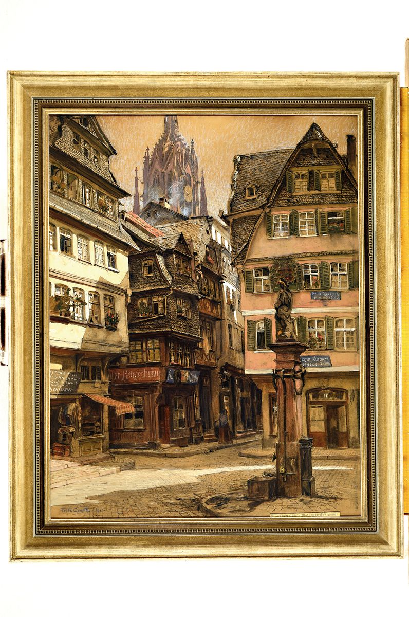 Detail k: Fritz Graetz, 1875 Frankfurt/M - 1915 Serbien, Frankfurt am Main, Platz an der Saalgasse, Kreidezeichnung aquarelliert und weiß gehöht, li. u. ...