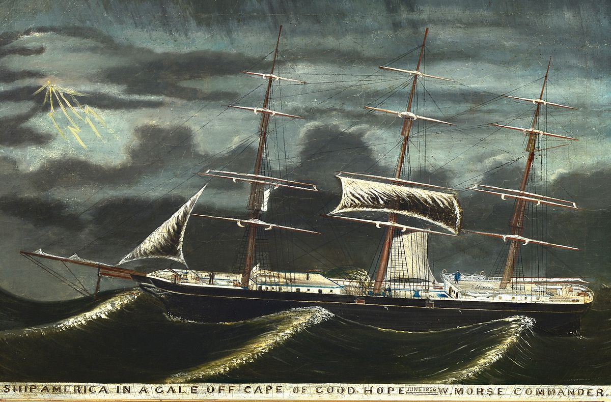 Kapitänsbild, wohl USA um 1856, bez. Ship America In A Gale Off Cape Of Good Hope June 1856 W. Morse Commander, Öl/Lwd, ca. 60 x 90 cm, vergoldeter ...