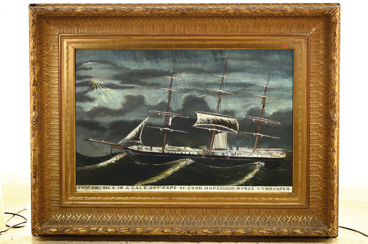 Detail k: Kapitänsbild, wohl USA um 1856, bez. Ship America In A Gale Off Cape Of Good Hope June 1856 W. Morse Commander, Öl/Lwd, ca. 60 x 90 cm, vergoldeter ...