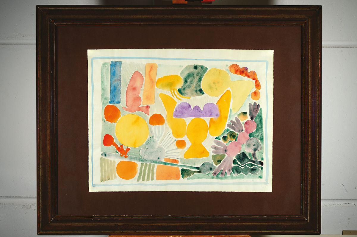 Detail k: Edvard Frank, 1909 Korschenbroich - 1972 Saarlouis, abstrakte Komposition, Aquarell auf Papier, re. u. signiert, ca. 48 x 62 cm, l. Altersspuren, ...