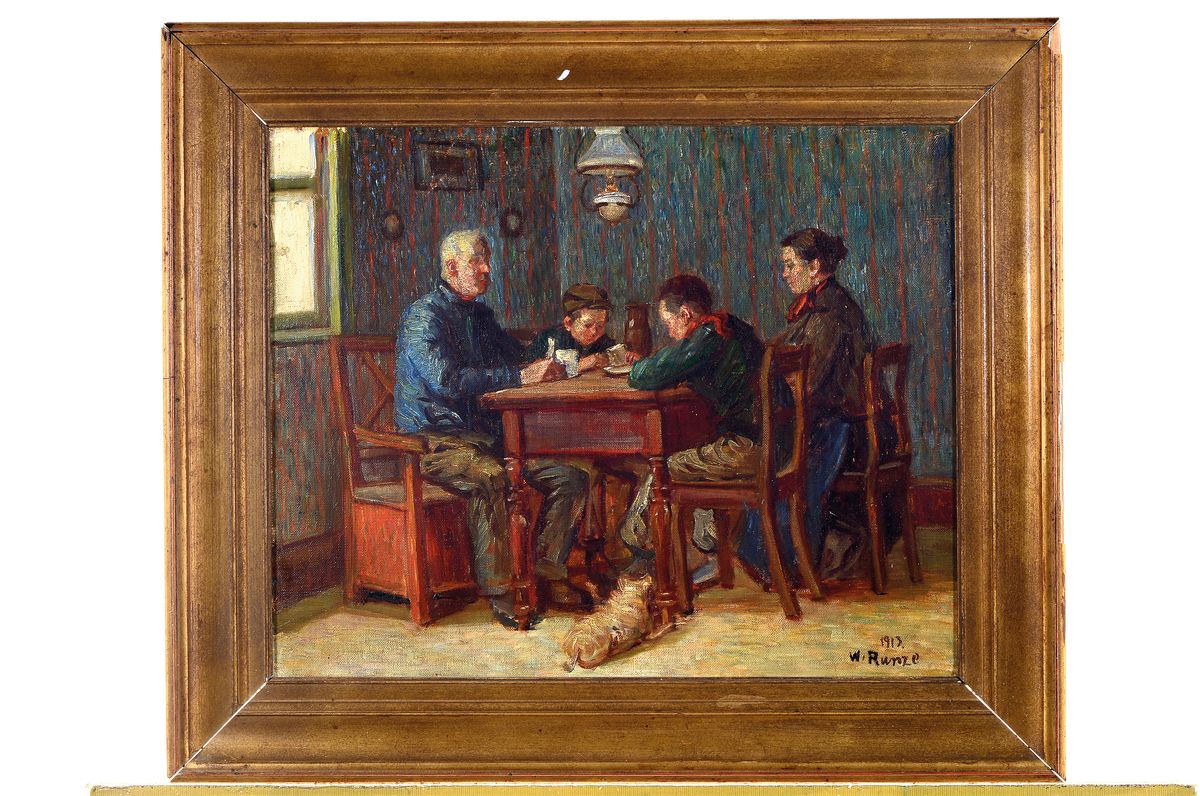 Detail k: Wilhelm Runze, 1887 Frankfurt - 1927, Interieur, Eltern mit Kindern in der Stube, Öl/Lwd, re. u. signiert und dat. 1913, ca. 40 x 50 cm