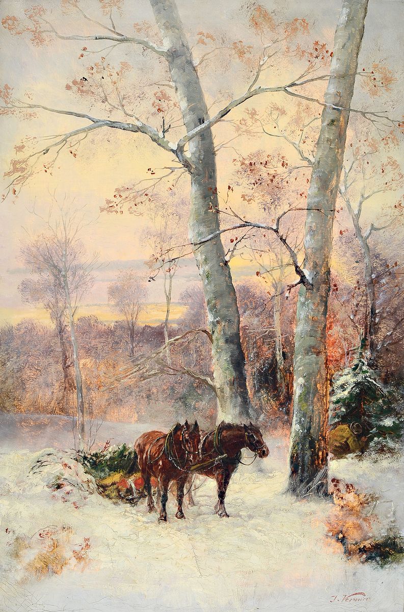 J. Vernier, 2. Hälfte 19. Jh., Winterlandschaft mit Pferdefuhrwerk, Waldarbeiter schlägt und transportiert Tannenbäume, Öl/Lwd, gekonnte Malerei ...