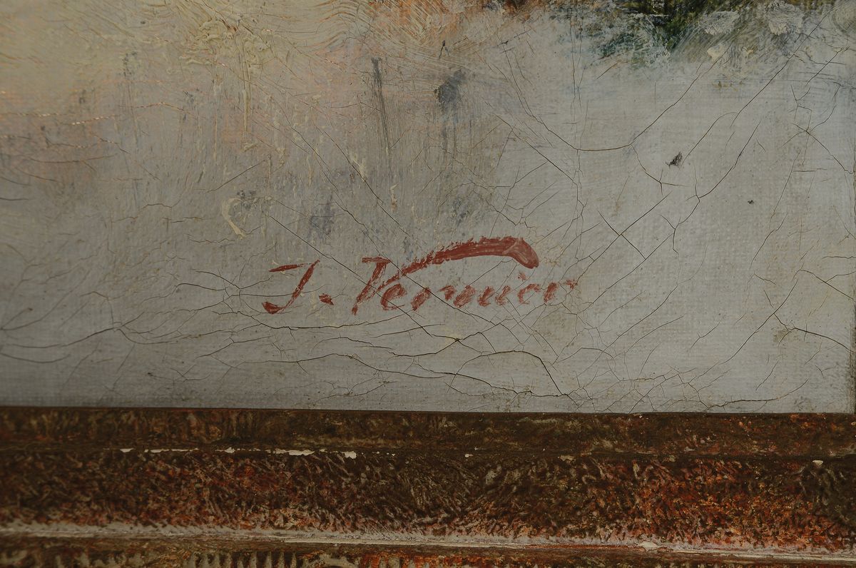 Detail a: J. Vernier, 2. Hälfte 19. Jh., Winterlandschaft mit Pferdefuhrwerk, Waldarbeiter schlägt und transportiert Tannenbäume, Öl/Lwd, gekonnte Malerei ...