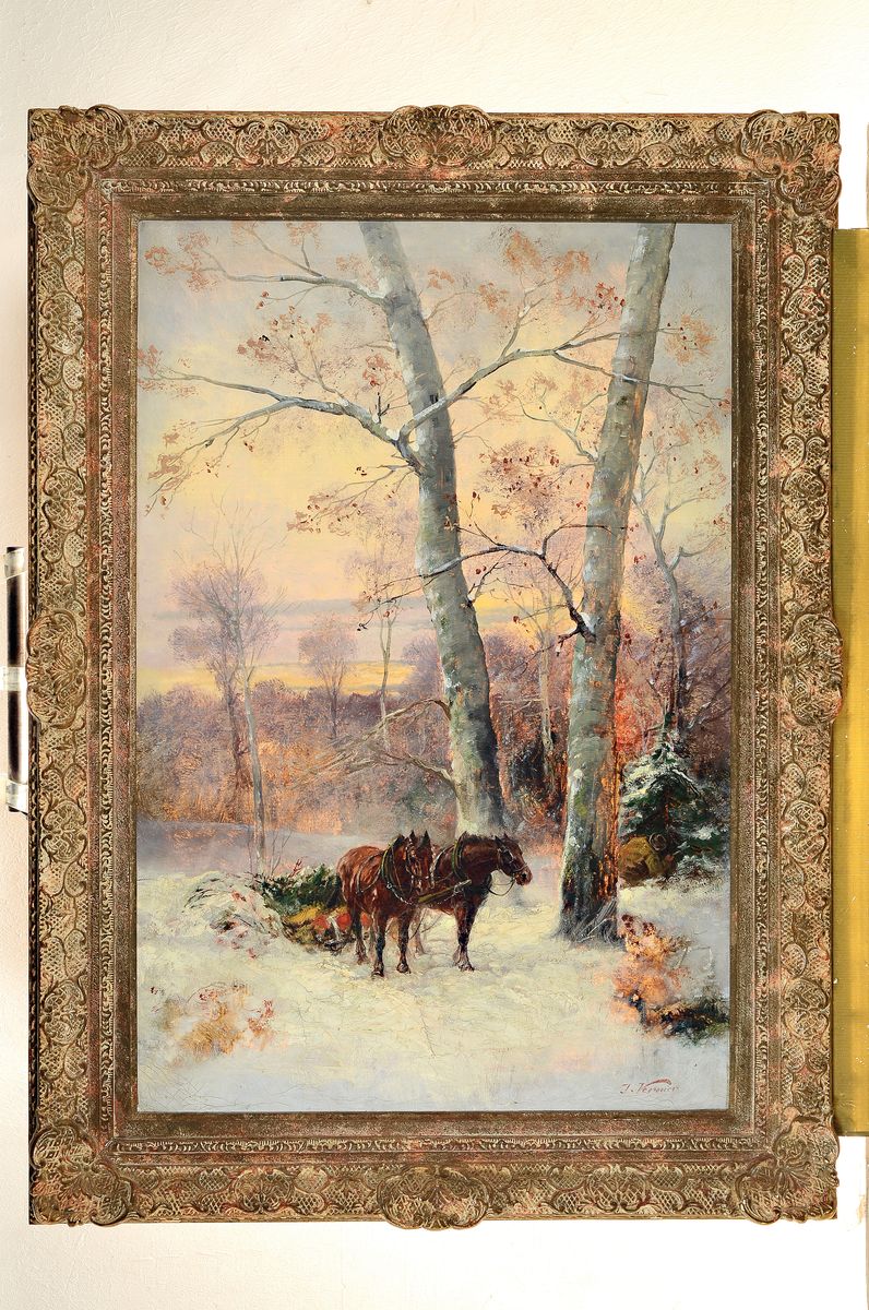 Detail k: J. Vernier, 2. Hälfte 19. Jh., Winterlandschaft mit Pferdefuhrwerk, Waldarbeiter schlägt und transportiert Tannenbäume, Öl/Lwd, gekonnte Malerei ...