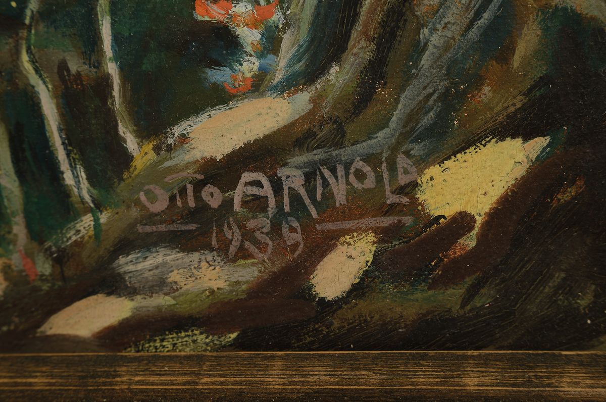 Detail a: Otto Arnold, 30/40er Jahre, Urwaldlandschaft mit Hütte, Öl/Lwd, re. u. signiert und dat. 1939, ca. 76 x 120 cm, Rahmen