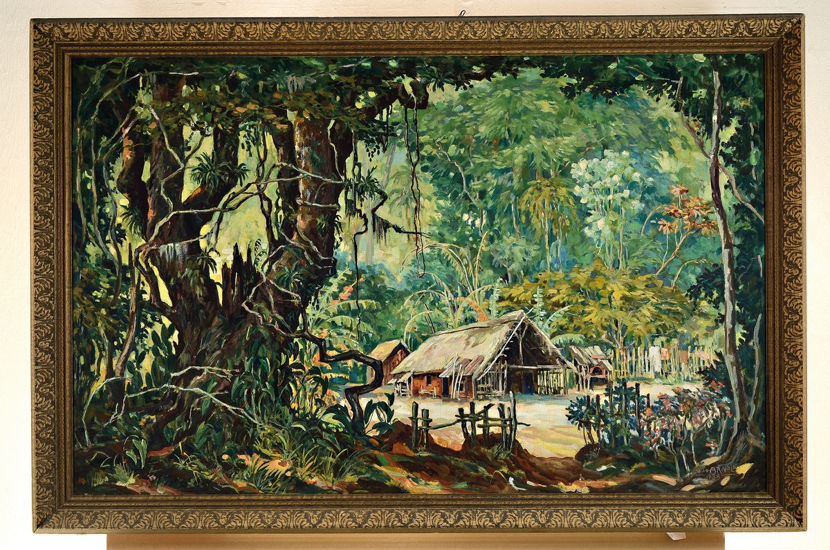 Detail k: Otto Arnold, 30/40er Jahre, Urwaldlandschaft mit Hütte, Öl/Lwd, re. u. signiert und dat. 1939, ca. 76 x 120 cm, Rahmen