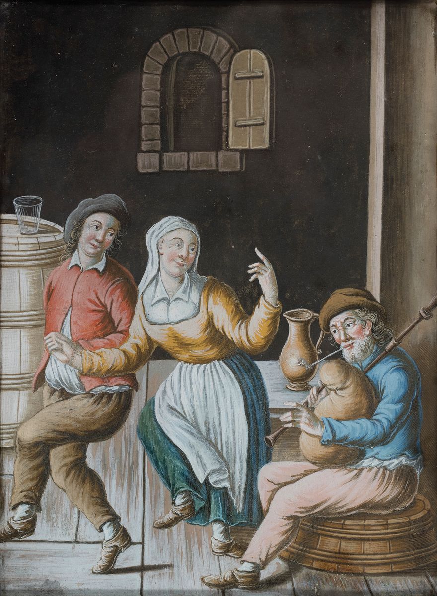 Unbekannter Künstler, deutsch, um 1700, Dudelsackspieler und tanzendes Paar im Weinkeller, Guoache auf Papier, ca. 17x12cm, u.Gl., R. ca. 23x18cm