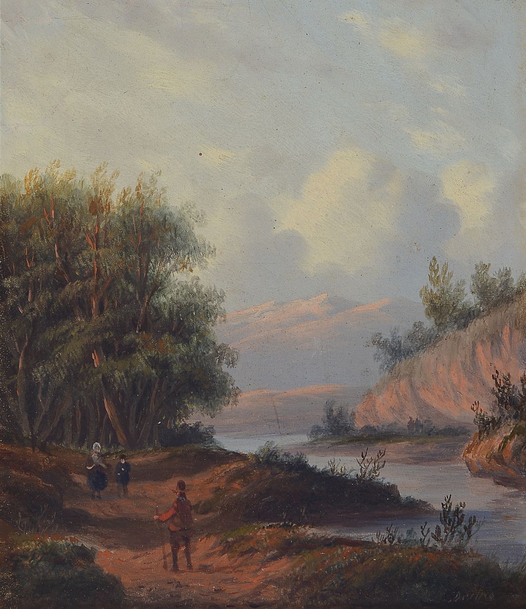 Johannes Joseph Destrée, 1827 Laken-1888 Den Haag, Wanderer und Spaziergängerin mit Kind in einem idyllischen Flusstal, Öl/Holz, rechts unten ...