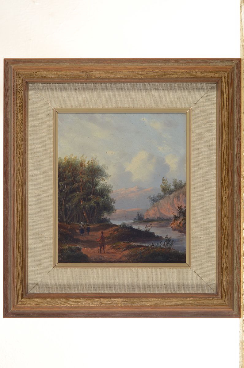 Detail k: Johannes Joseph Destrée, 1827 Laken-1888 Den Haag, Wanderer und Spaziergängerin mit Kind in einem idyllischen Flusstal, Öl/Holz, rechts unten ...