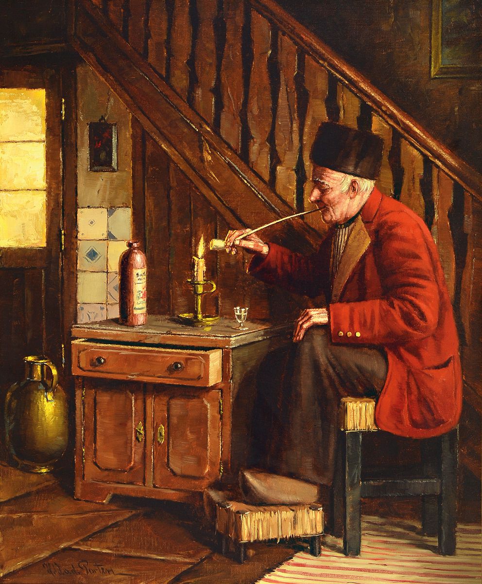 Detail a: Heinz Werner van der Porten, geb. 1930, 2 Gemälde: Schreiber an seinem Stehpult, bzw. Holländischer Fischer, sich eine Pfeife anzündend, Öl/Lwd, ...