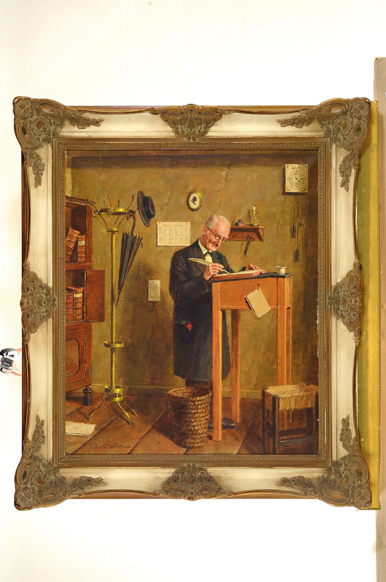 Detail k: Heinz Werner van der Porten, geb. 1930, 2 Gemälde: Schreiber an seinem Stehpult, bzw. Holländischer Fischer, sich eine Pfeife anzündend, Öl/Lwd, ...
