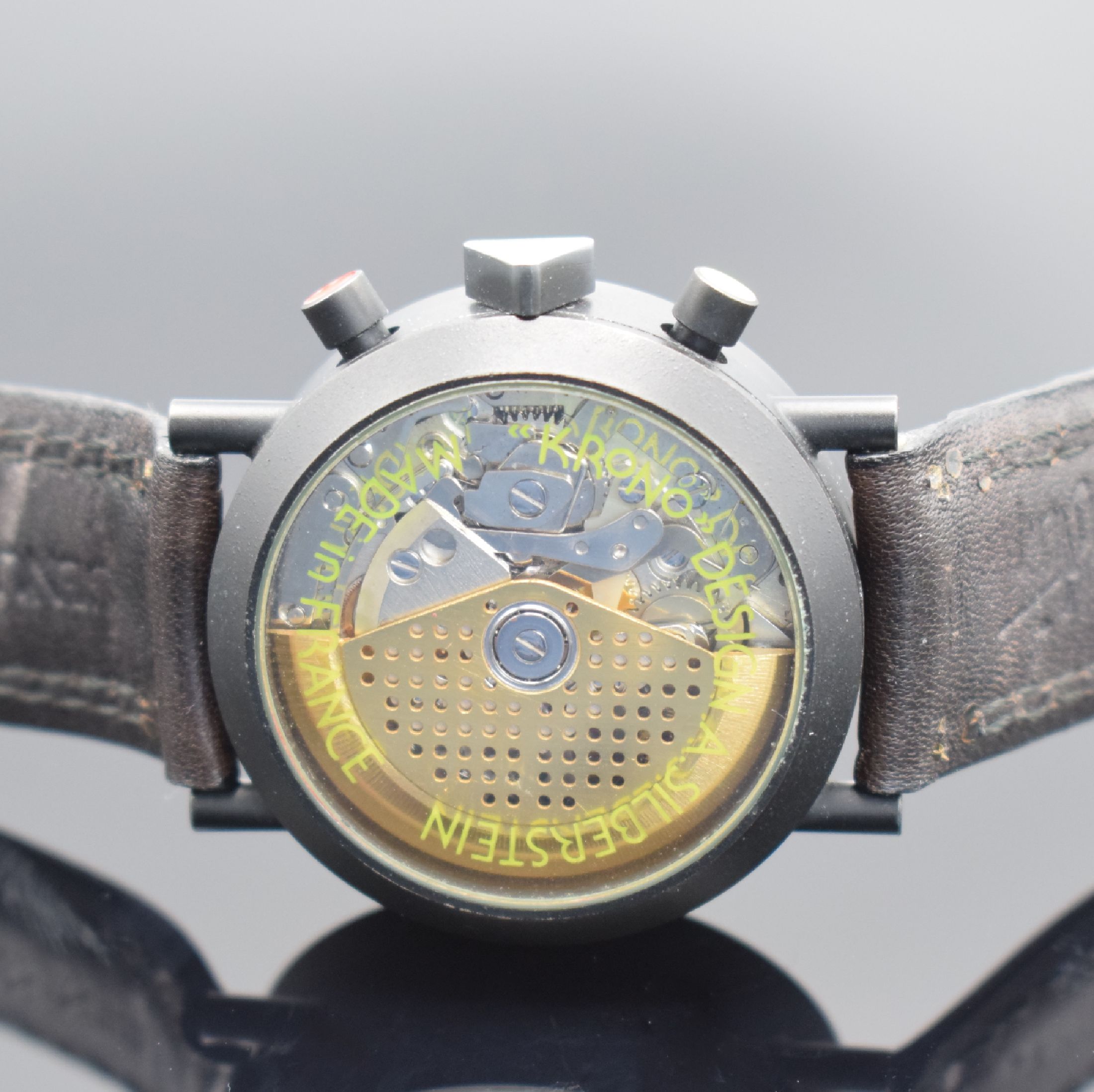 Detail c: ALAIN SILBERSTEIN Krono Herrenchronograph mit Vollkalender, Frankreich um 1995, Automatik, geschw. Geh. beids. vergl., Boden & Glasrand aufgedr., ...