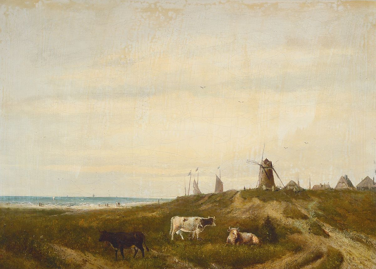 Robert Assmus, 1837 Stuhm/Westpreussen-1904 Diessen, Holländische Landschaft mit Windmühlen, Personen am Strand und rastenden Kühen, Öl/Lwd, ...