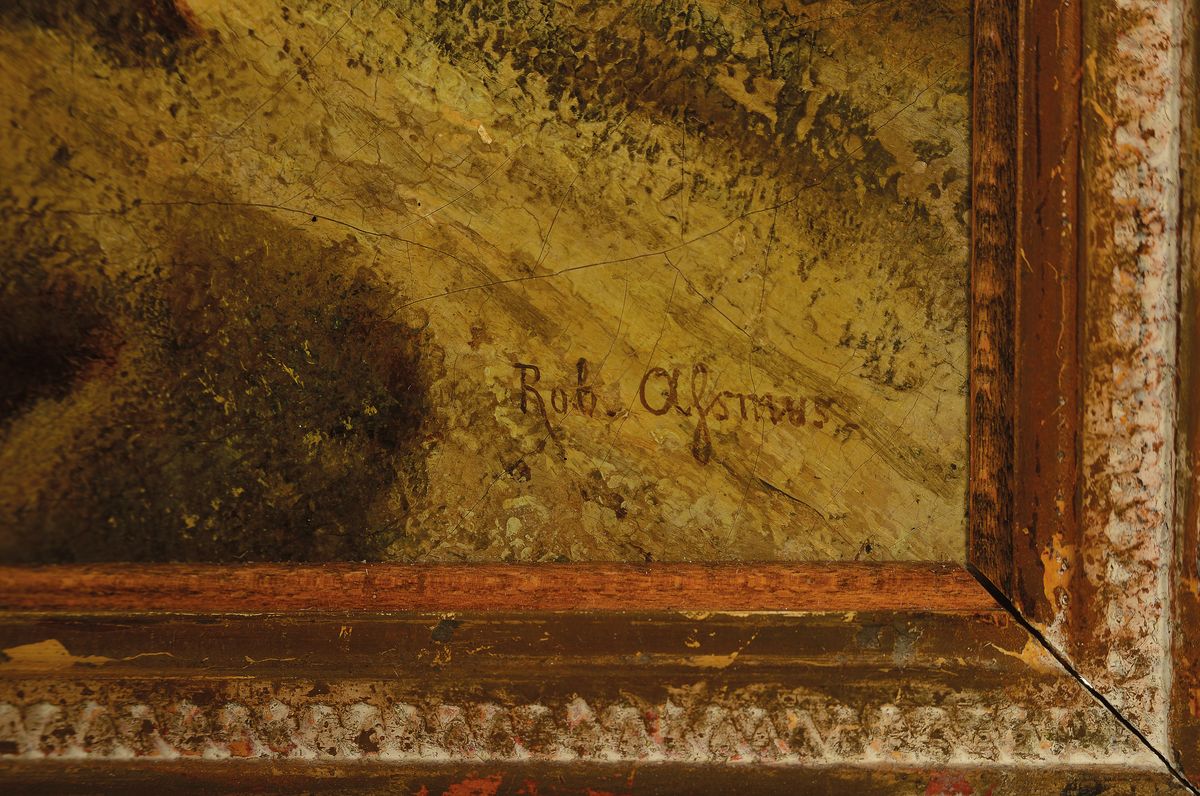 Detail a: Robert Assmus, 1837 Stuhm/Westpreussen-1904 Diessen, Holländische Landschaft mit Windmühlen, Personen am Strand und rastenden Kühen, Öl/Lwd, ...