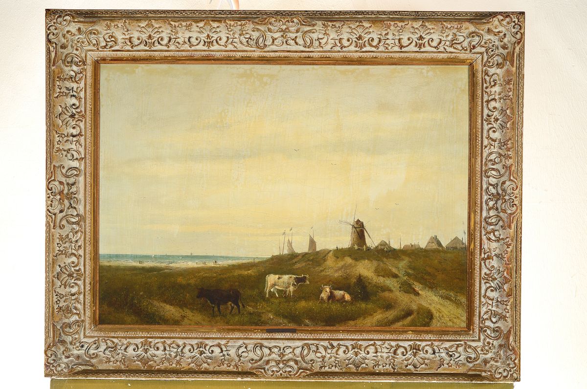 Detail k: Robert Assmus, 1837 Stuhm/Westpreussen-1904 Diessen, Holländische Landschaft mit Windmühlen, Personen am Strand und rastenden Kühen, Öl/Lwd, ...