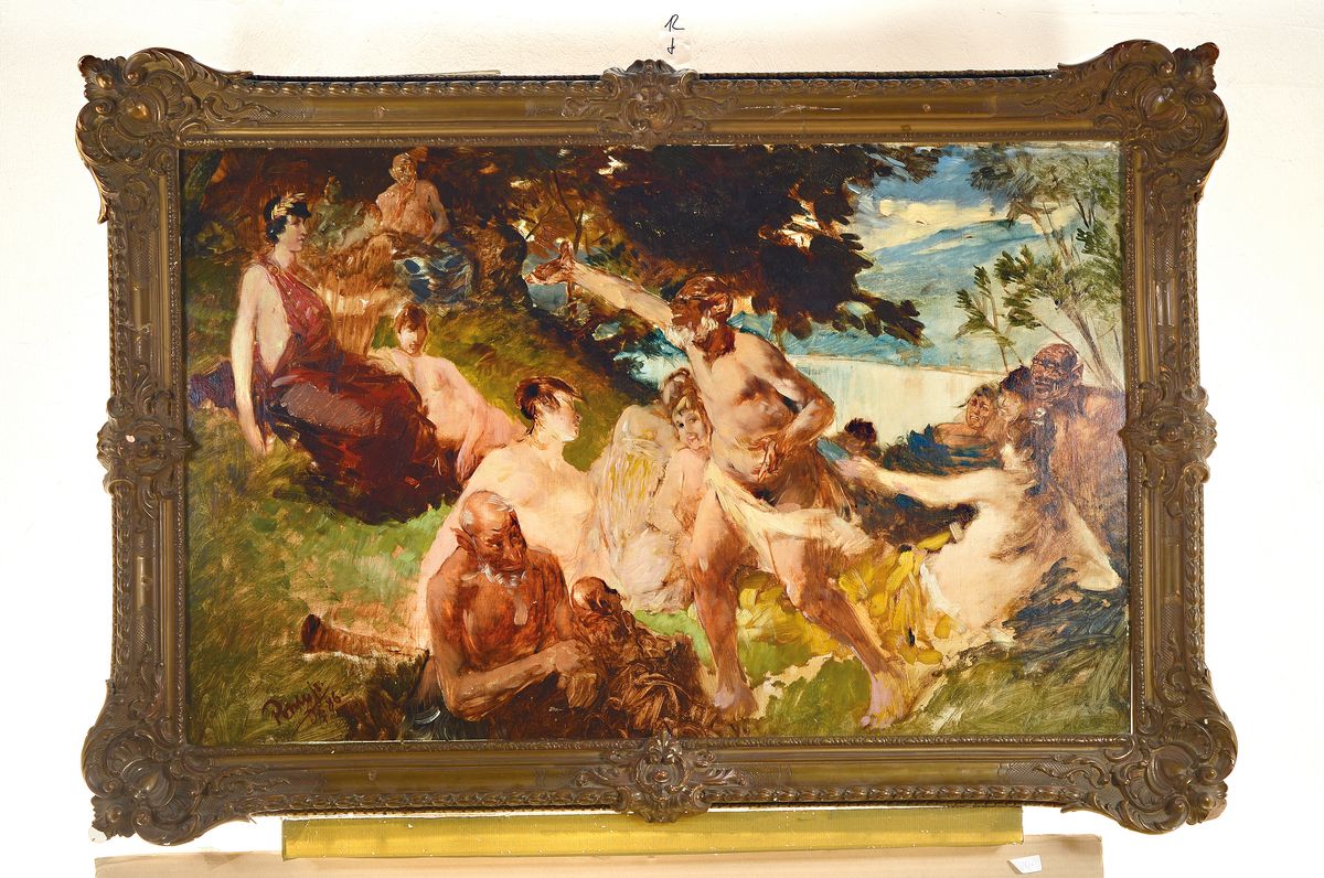 Detail k: Hermann Emil Pohle, 1863-1914 Düsseldorf, antikes Gelage unter Bäumen am Ufer eines Sees, Öl/Lwd, links unten signiert Pohle jr. und dat. Ddf 86, ...