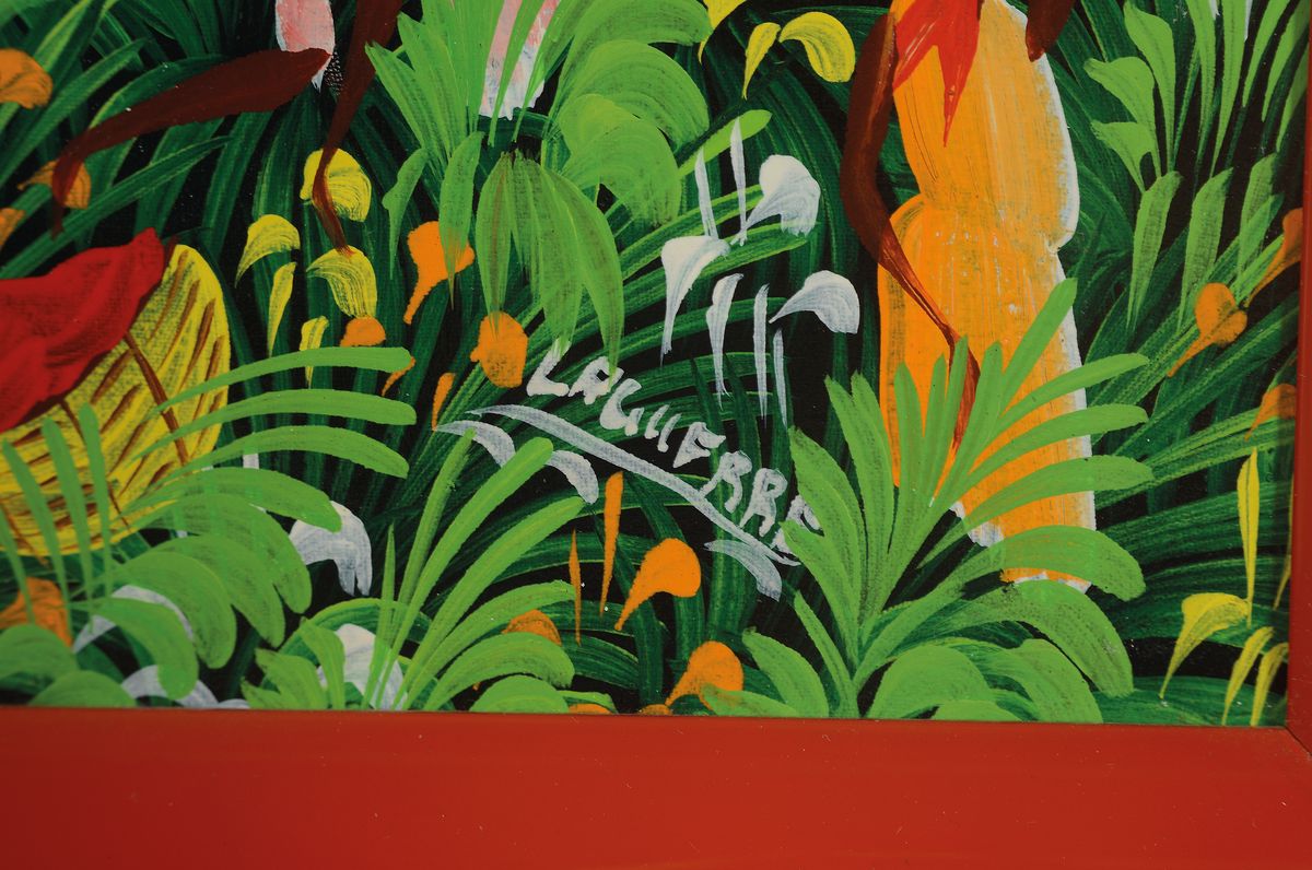 Detail a: M. Laguerre, haitianischer Künstler der 2 .Hälfte des 20.Jh., 1970er/80er-Jahre, exotische Dorflandschaft, signiert,