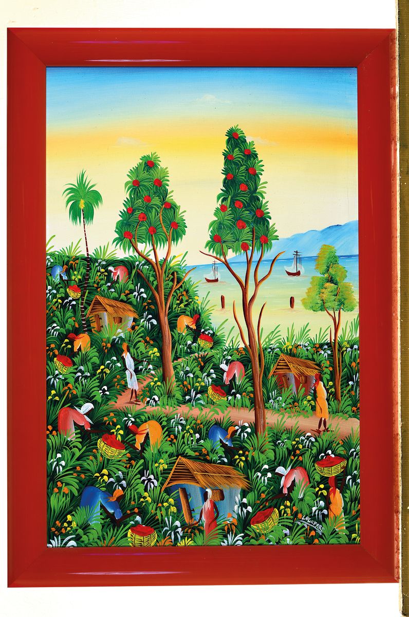 Detail k: M. Laguerre, haitianischer Künstler der 2 .Hälfte des 20.Jh., 1970er/80er-Jahre, exotische Dorflandschaft, signiert,