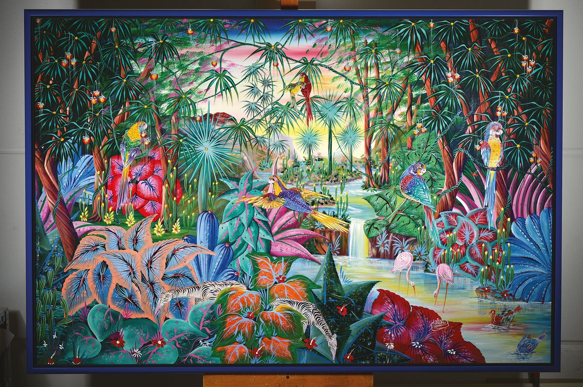Detail k: Jonas Duperme, haitianischer Künstler des 20 .Jh., exotische Dschungel-Szene, idealisiert-folkloristische Darstellung im Duktus Henri Rousseaus und ...