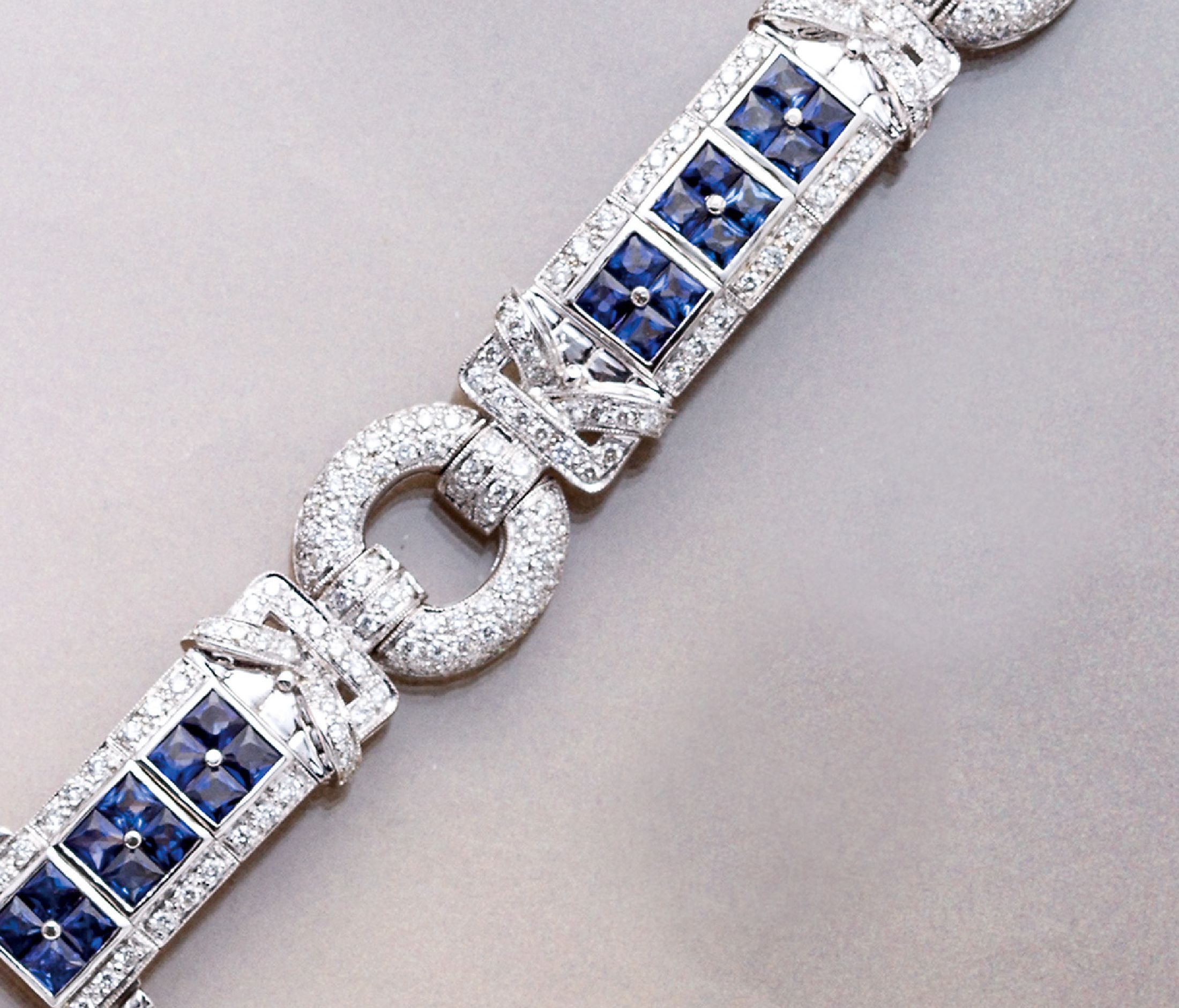 18 kt Gold Diamant-Saphir-Armband, WG 750/000, Diamanten zus. ca. 5.0 ct Weiß-l. get. Weiß/si, 36 Saphir-Carrees zus. ca. 3.60 ct, L ca. 18 cm, ...