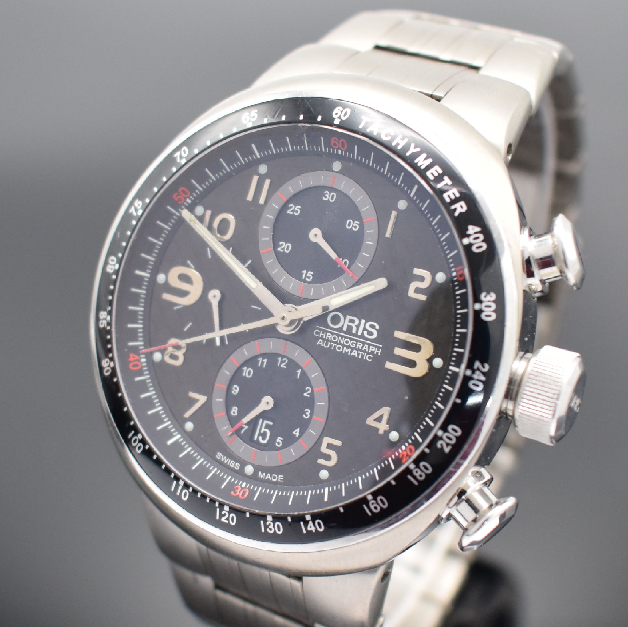 Detail a: ORIS TT3 Herrenarmbanduhr mit Chronograph, Schweiz um 2010, Automatik, beids. vergl. Titangeh., Boden & Krone verschr., orig. Titan Gliederband, ...