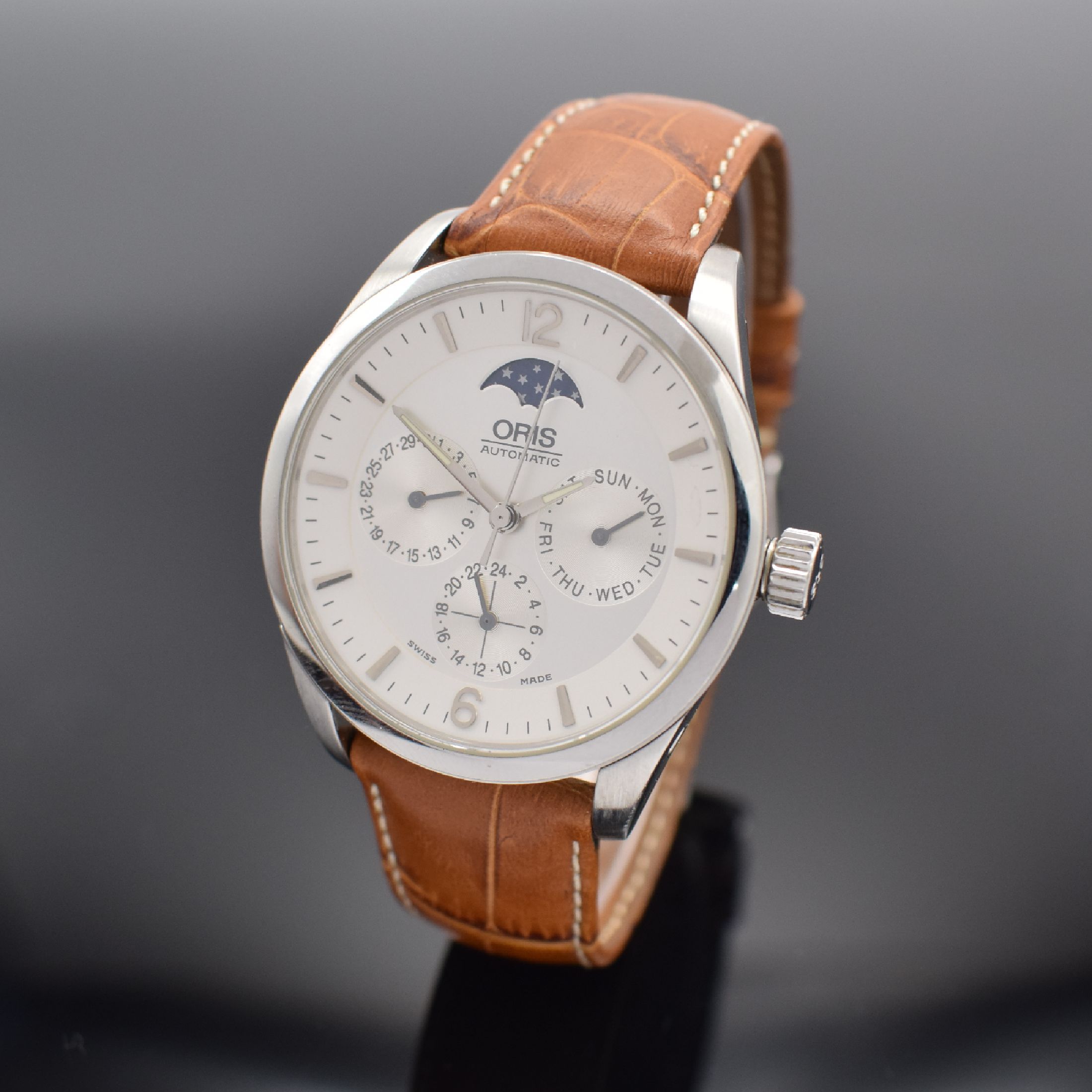 ORIS Herrenarmbanduhr mit Vollkalender & 2. Zeitzone, Schweiz um 2005, Automatik, Ref. 7506, beids. vergl. Edelstahlgeh., Boden geschr., Korrekturdr. ...