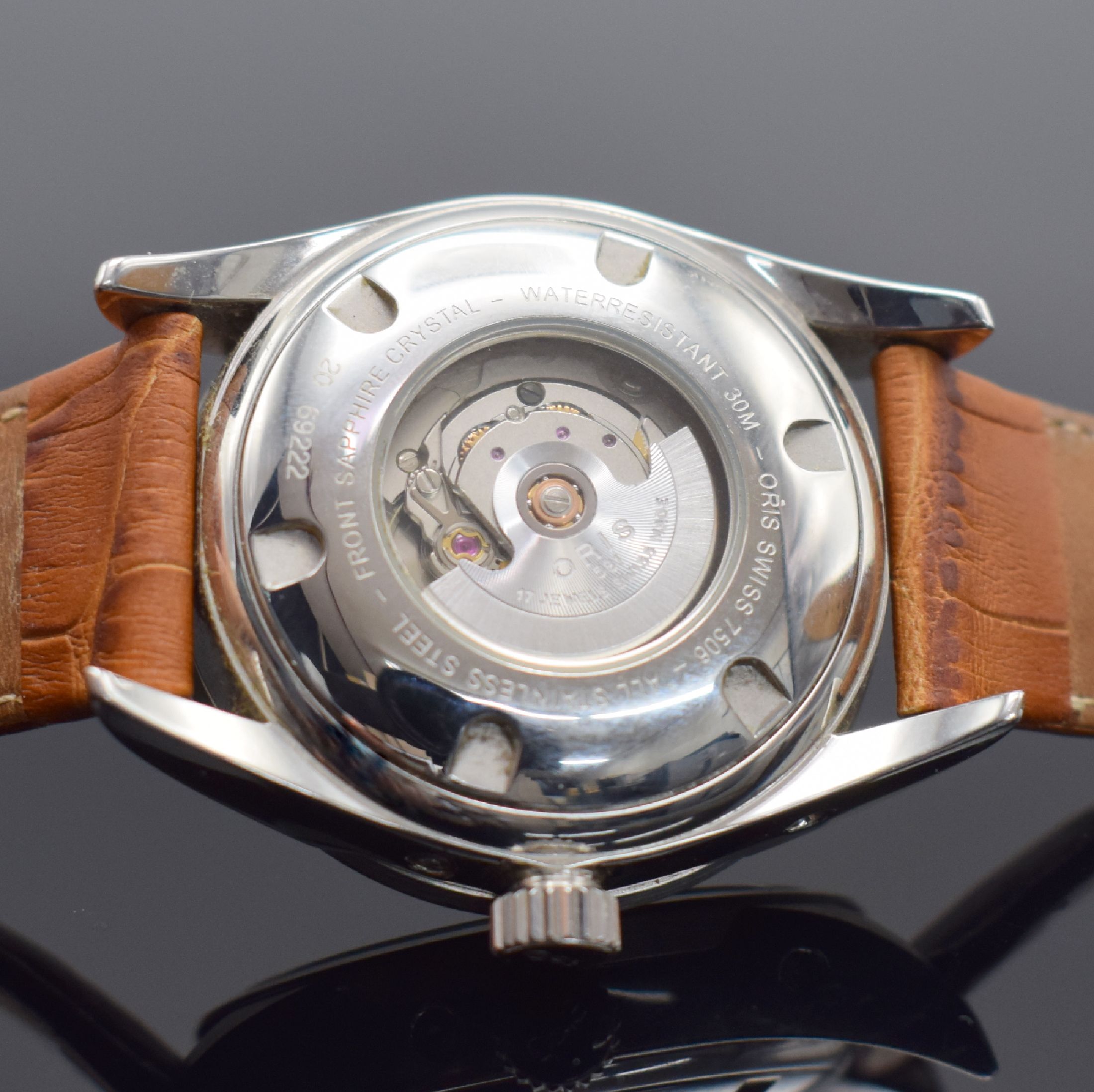 Detail f: ORIS Herrenarmbanduhr mit Vollkalender & 2. Zeitzone, Schweiz um 2005, Automatik, Ref. 7506, beids. vergl. Edelstahlgeh., Boden geschr., Korrekturdr. ...
