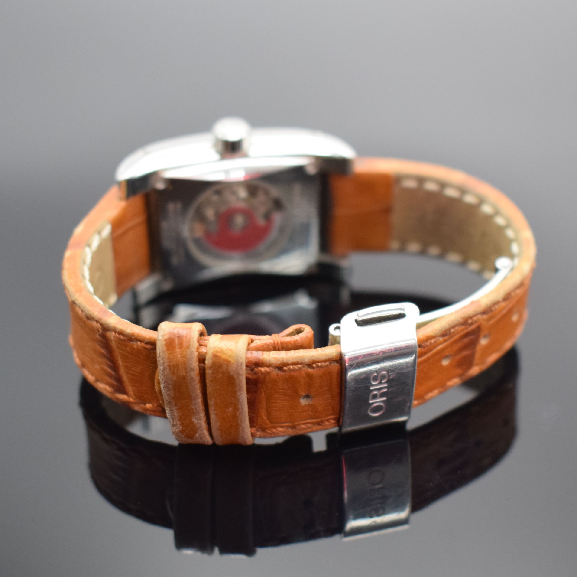 Detail b: ORIS rechteckige Armbanduhr in Stahl, Schweiz um 1995, Automatik, Ref. 7526, beids. vergl. Geh., Boden 4-fach verschr., vorne Saphirglas, orig. ...
