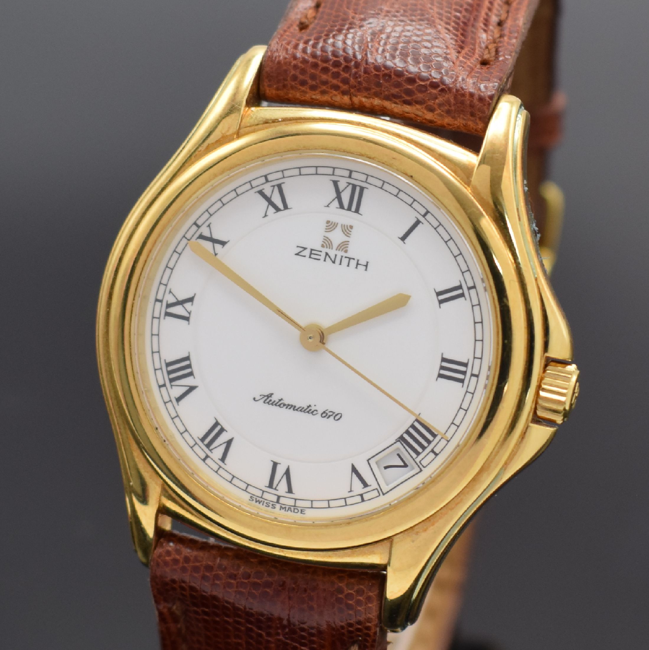 Detail a: ZENITH Elite Automatik 670 Armbanduhr in GG 750/000, Schweiz um 1990, Automatik, Boden aufgedr., Krone verschr., orig. Lederband m. verg. Schl., ...