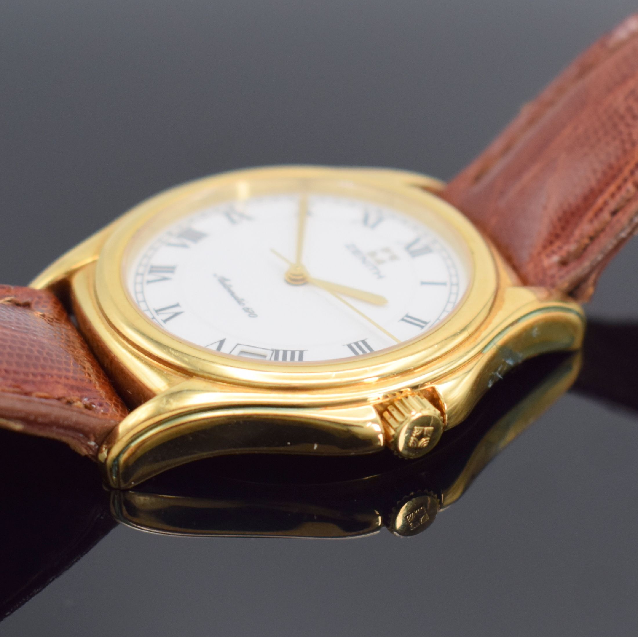 Detail c: ZENITH Elite Automatik 670 Armbanduhr in GG 750/000, Schweiz um 1990, Automatik, Boden aufgedr., Krone verschr., orig. Lederband m. verg. Schl., ...