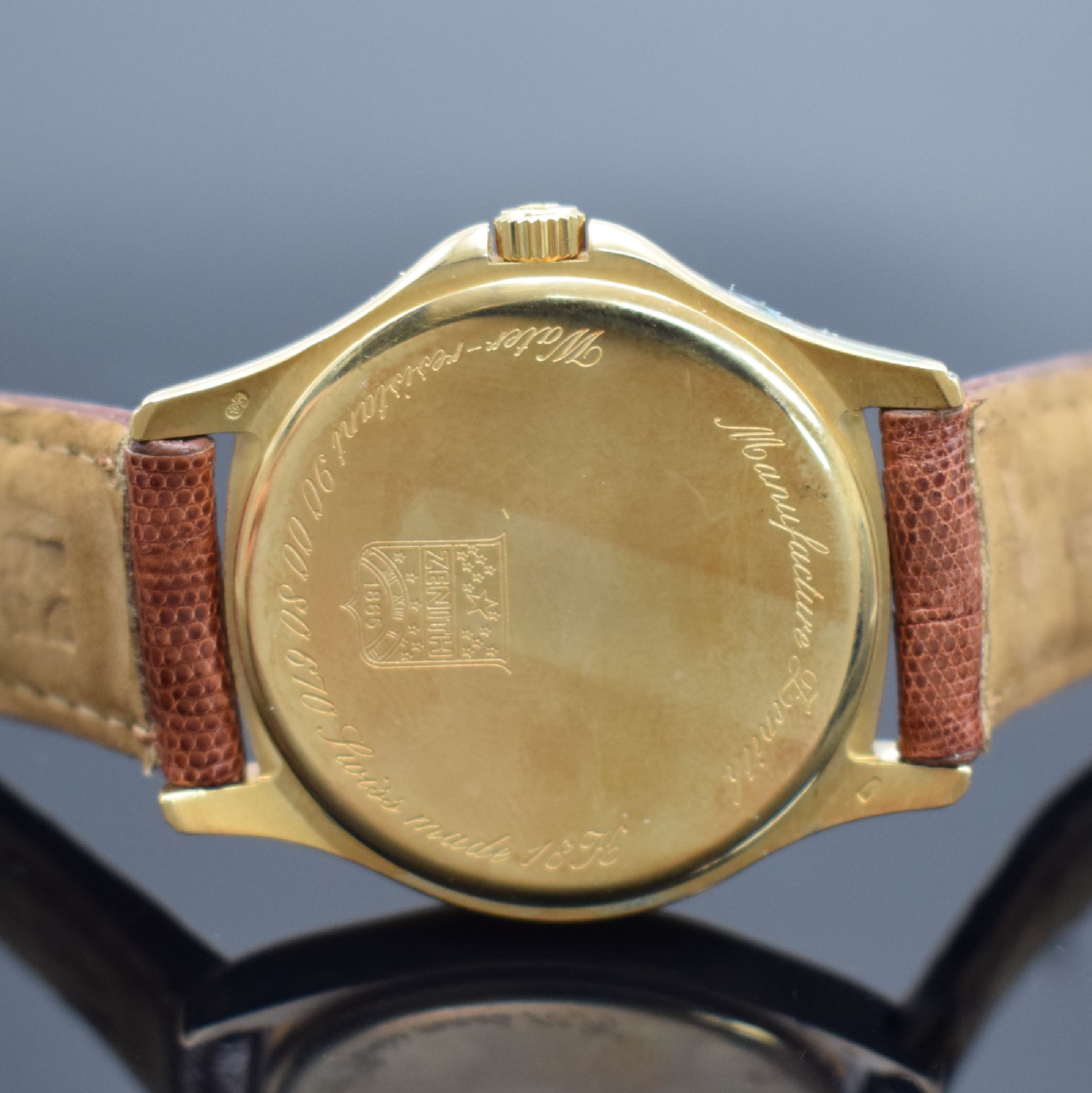Detail d: ZENITH Elite Automatik 670 Armbanduhr in GG 750/000, Schweiz um 1990, Automatik, Boden aufgedr., Krone verschr., orig. Lederband m. verg. Schl., ...