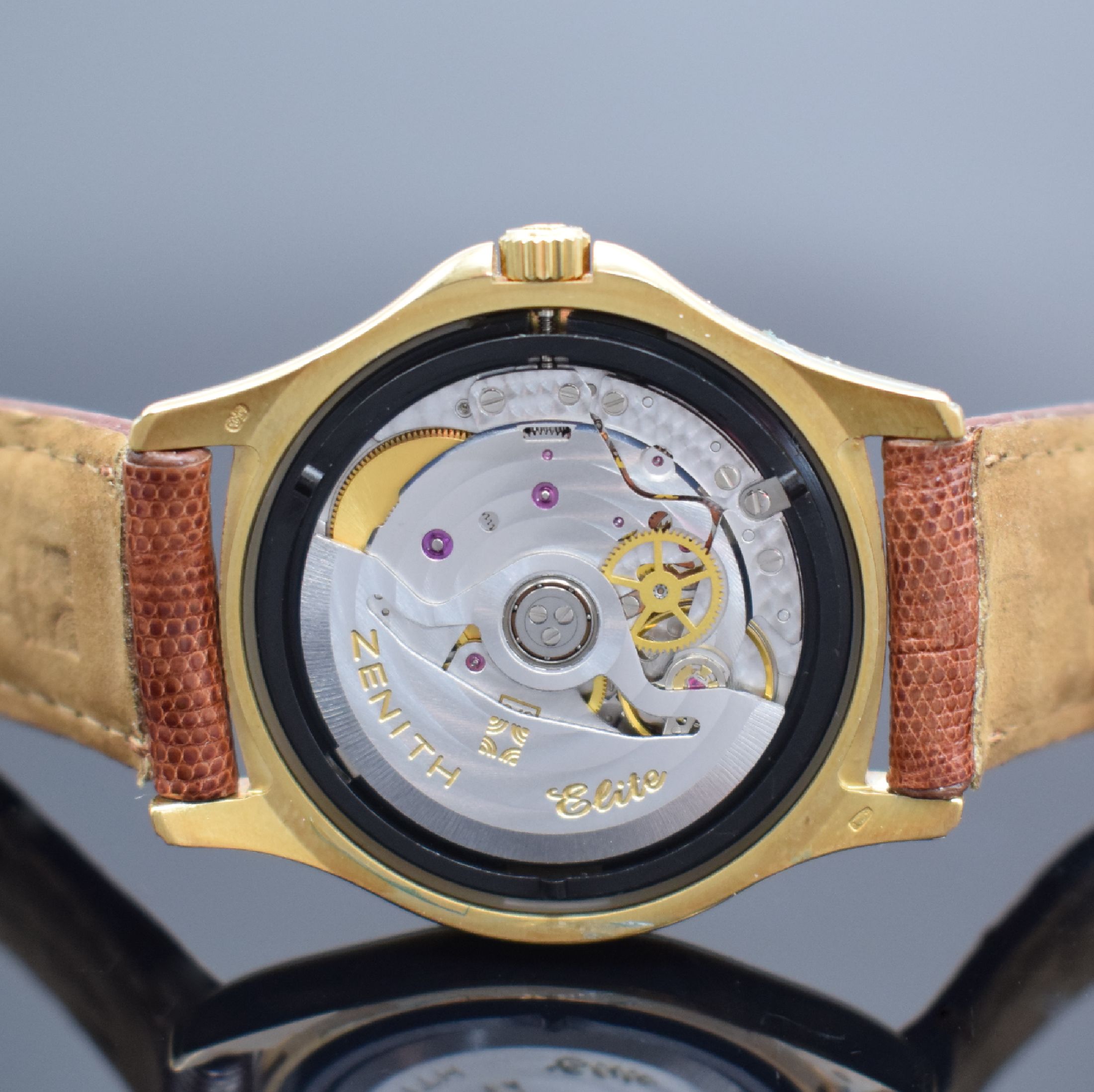 Detail e: ZENITH Elite Automatik 670 Armbanduhr in GG 750/000, Schweiz um 1990, Automatik, Boden aufgedr., Krone verschr., orig. Lederband m. verg. Schl., ...