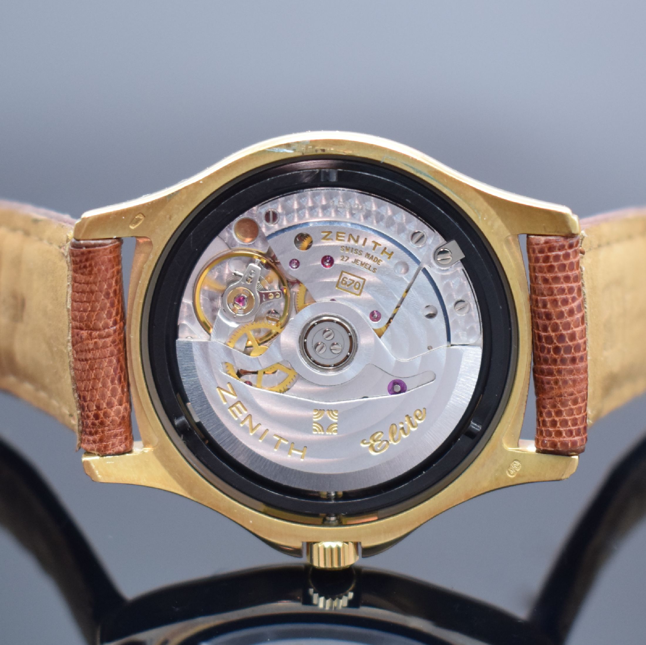 Detail f: ZENITH Elite Automatik 670 Armbanduhr in GG 750/000, Schweiz um 1990, Automatik, Boden aufgedr., Krone verschr., orig. Lederband m. verg. Schl., ...