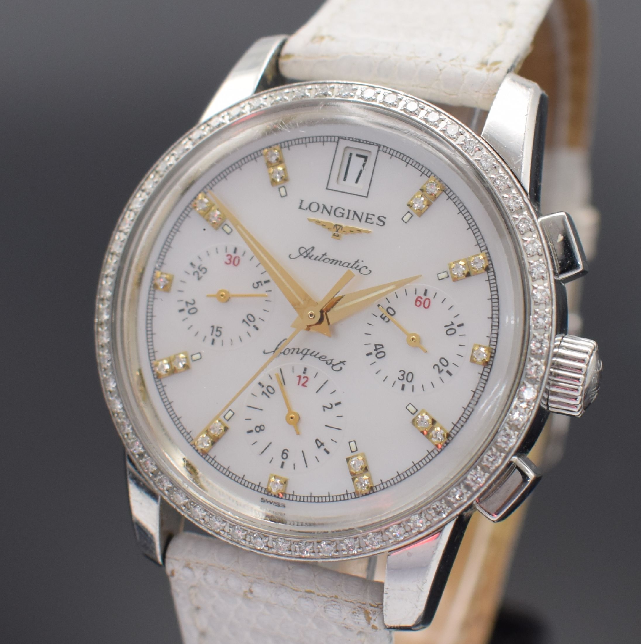 Detail a: LONGINES Conquest Heritage Armbandchronograph mit Diamanten, Schweiz um 2005, Automatik, Ref. L1.141.0, Edelstahlgeh., Boden m. Goldplakette geschr., ...