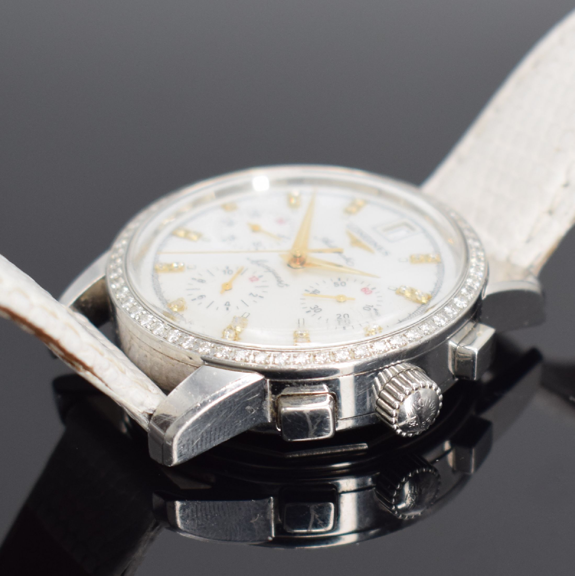 Detail b: LONGINES Conquest Heritage Armbandchronograph mit Diamanten, Schweiz um 2005, Automatik, Ref. L1.141.0, Edelstahlgeh., Boden m. Goldplakette geschr., ...
