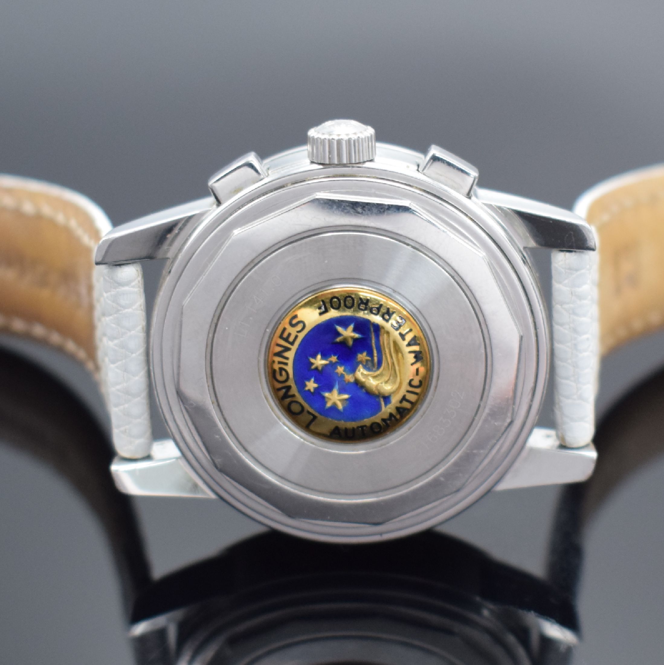 Detail c: LONGINES Conquest Heritage Armbandchronograph mit Diamanten, Schweiz um 2005, Automatik, Ref. L1.141.0, Edelstahlgeh., Boden m. Goldplakette geschr., ...