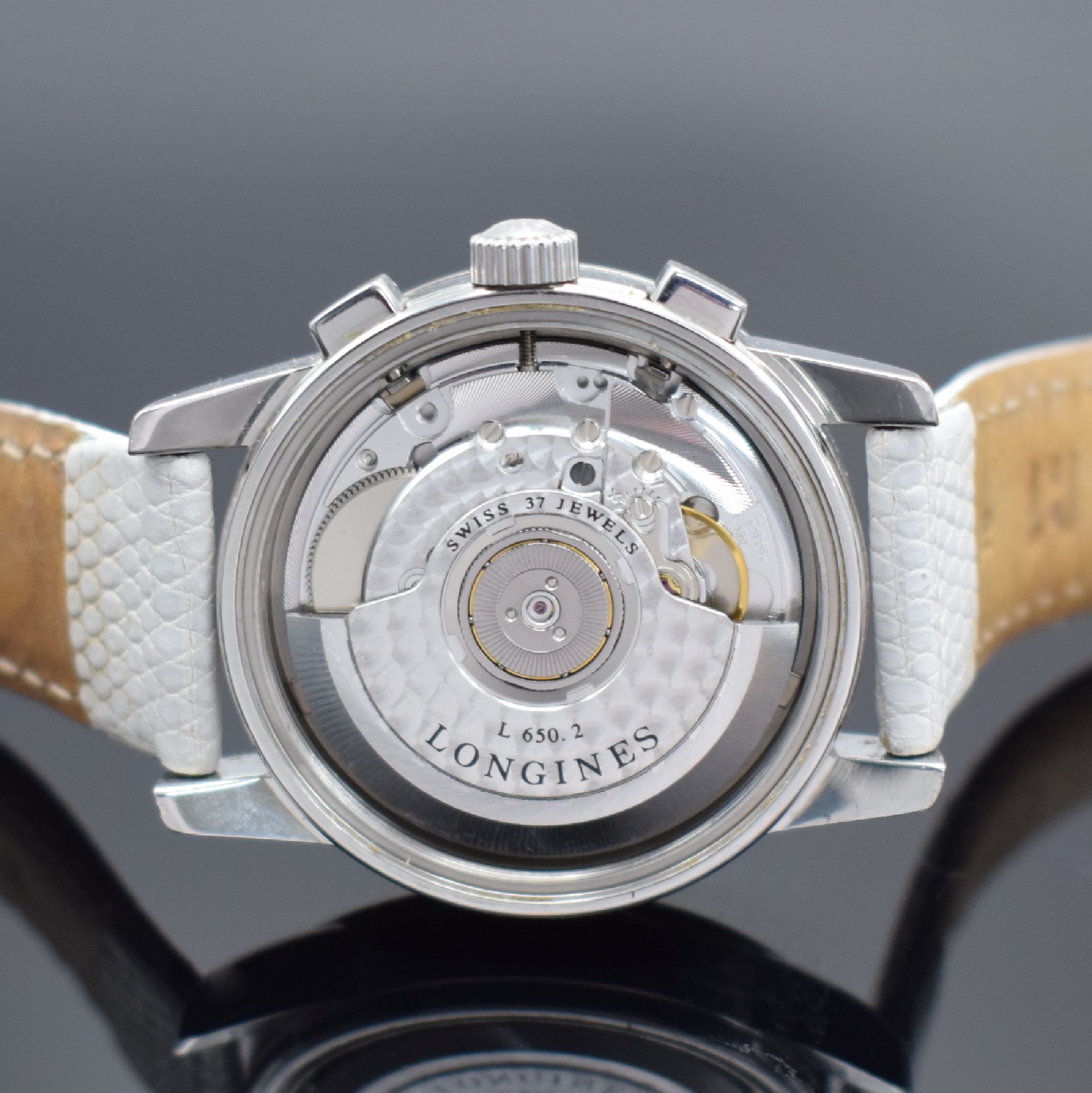 Detail d: LONGINES Conquest Heritage Armbandchronograph mit Diamanten, Schweiz um 2005, Automatik, Ref. L1.141.0, Edelstahlgeh., Boden m. Goldplakette geschr., ...
