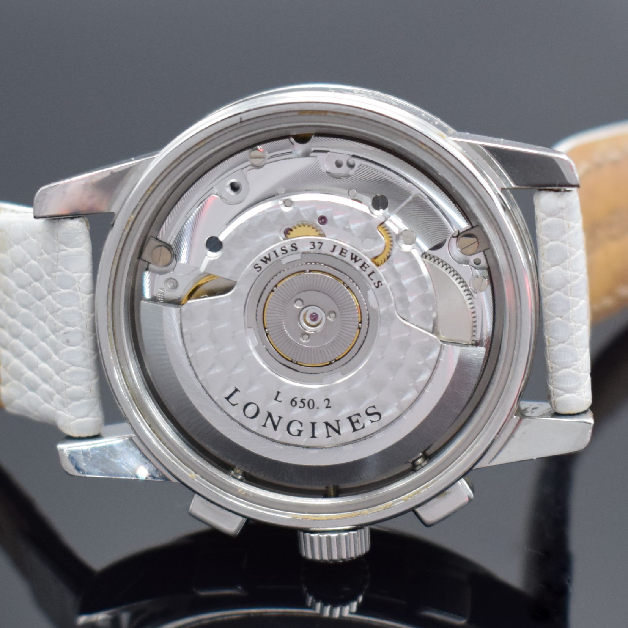 Detail e: LONGINES Conquest Heritage Armbandchronograph mit Diamanten, Schweiz um 2005, Automatik, Ref. L1.141.0, Edelstahlgeh., Boden m. Goldplakette geschr., ...