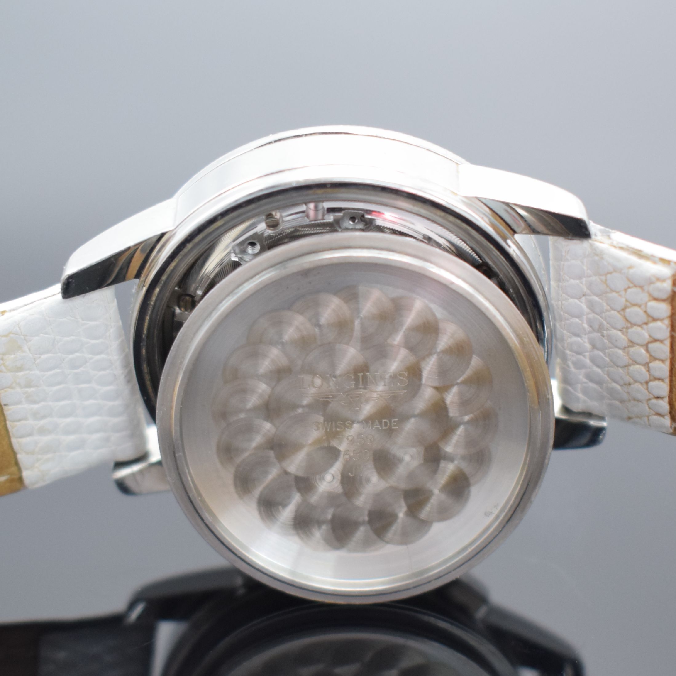 Detail f: LONGINES Conquest Heritage Armbandchronograph mit Diamanten, Schweiz um 2005, Automatik, Ref. L1.141.0, Edelstahlgeh., Boden m. Goldplakette geschr., ...