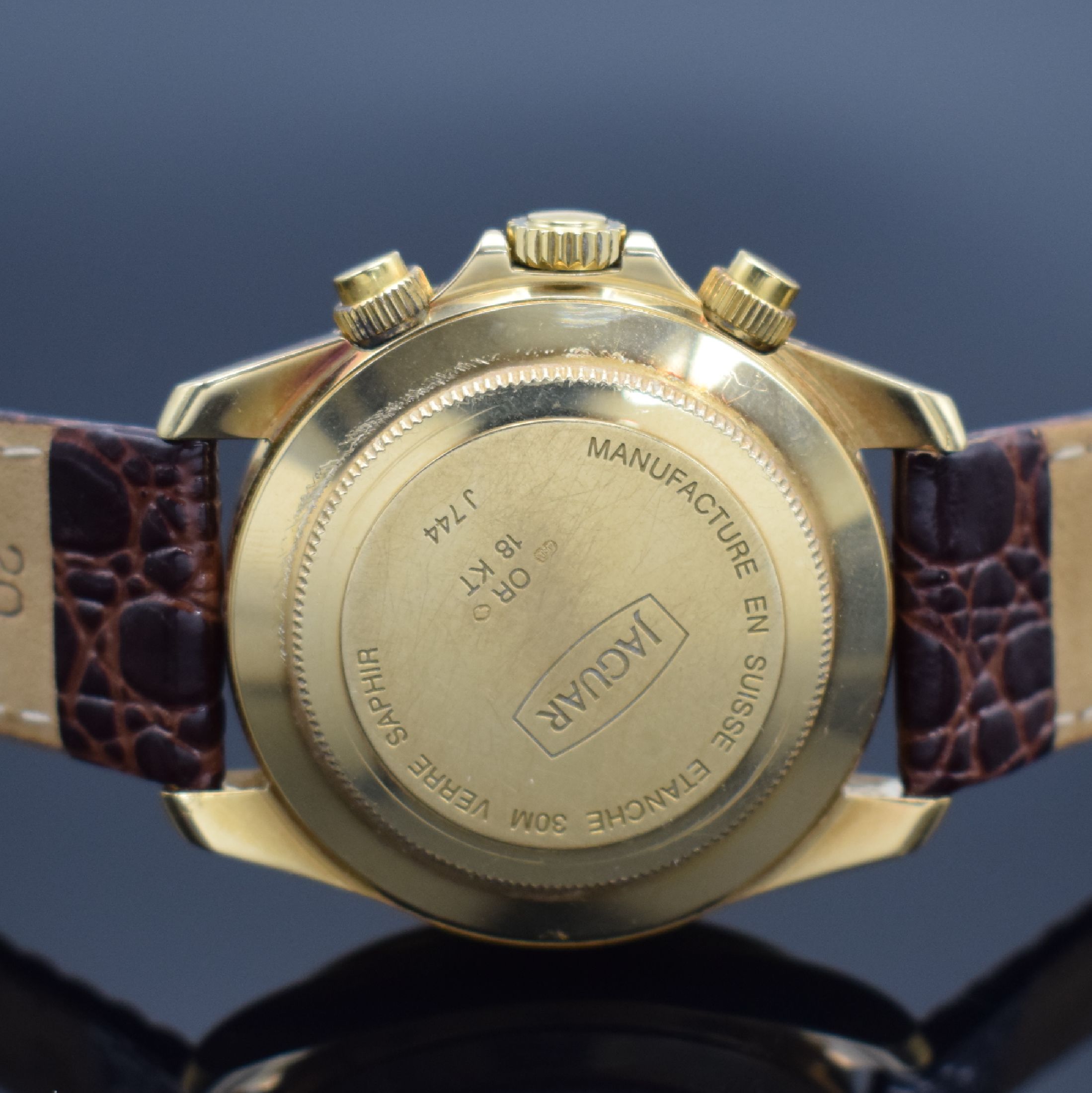 Detail b: JAGUAR Herrenarmbanduhr mit Chronograph in GG 750/000, Schweiz um 1995, Automatik, verschr. Geh., weißes Zifferbl., Hilfszifferbl. m. Perlmutt, ...