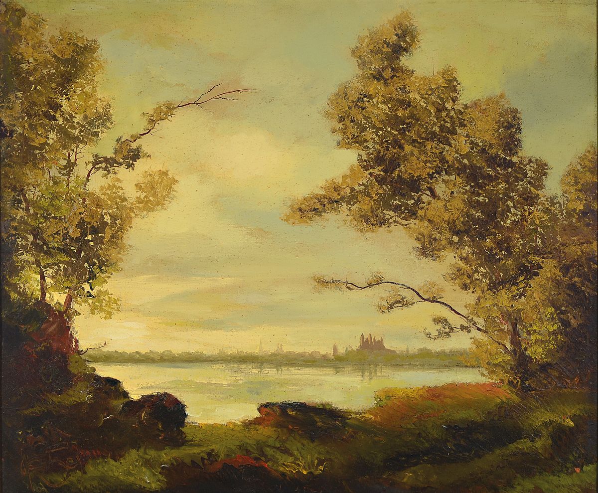 Karl Philipp Spitzer, 1887-1954 Speyer, Blick über den Rhein auf den Dom zu Speyer, Öl/Malkarton, signiert, ca. 60x70cm, R. ca. 73x83cm