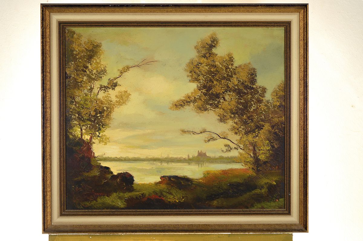 Detail k: Karl Philipp Spitzer, 1887-1954 Speyer, Blick über den Rhein auf den Dom zu Speyer, Öl/Malkarton, signiert, ca. 60x70cm, R. ca. 73x83cm