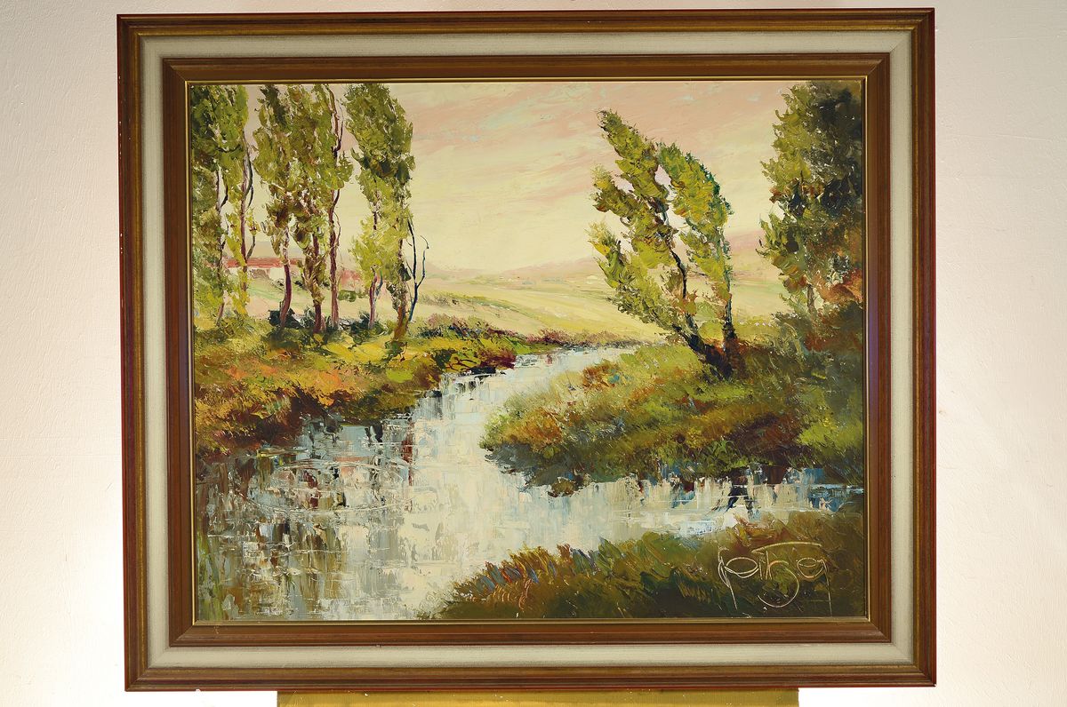 Detail k: Karl Philipp Spitzer, 1887-1954 Speyer, von Pappeln gesäumter Bachlauf, Öl/ Hartfaser, signiert, ca. 82x102cm, R. ca. 102x120cm