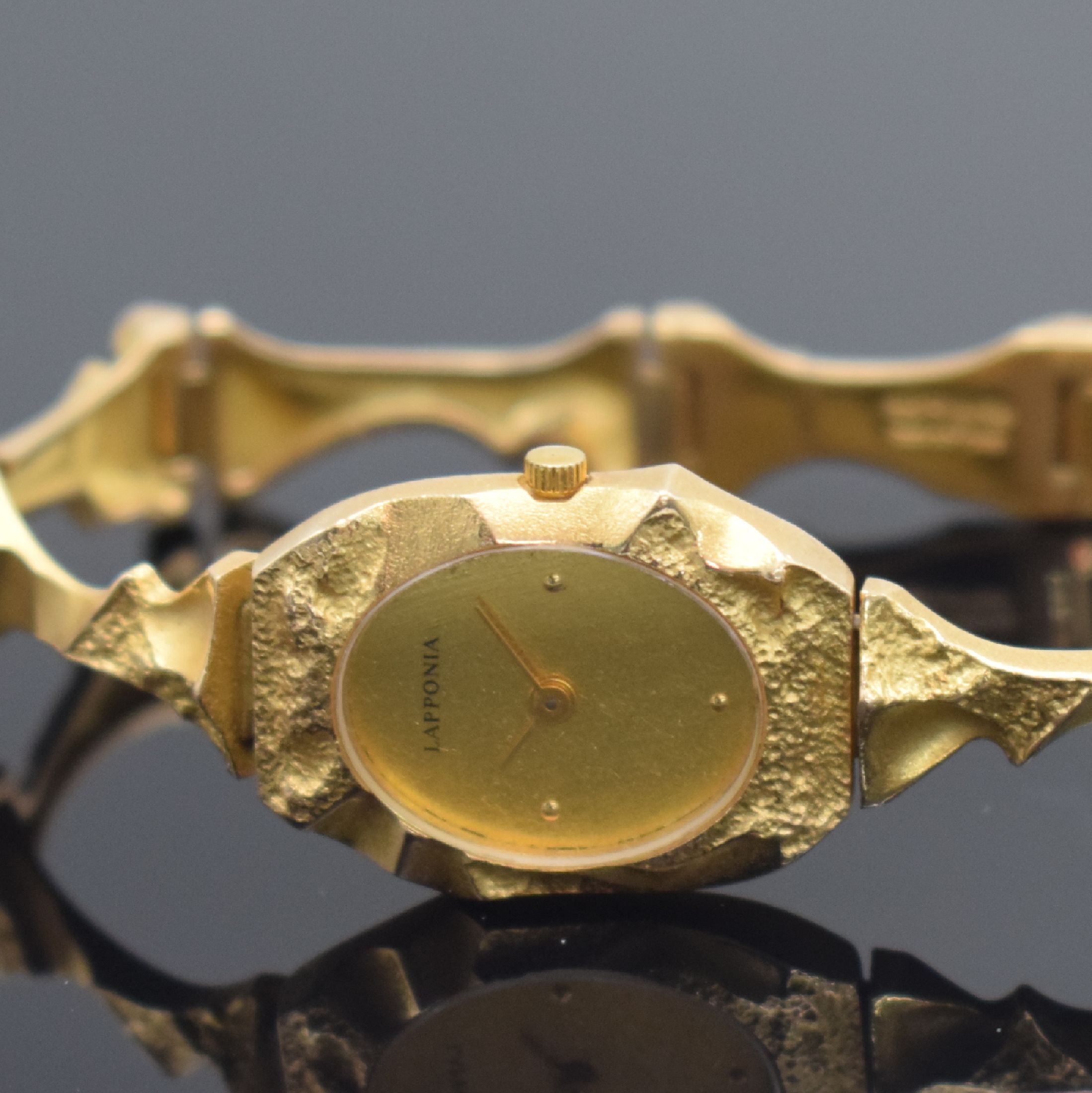Detail b: LAPPONIA Pola-Negri Damenarmbanduhr in GG 585/000 Referenz A 128005, Finnland um 1990, designed von Björn Weckström, quarz, 2-teil. Gehäuse, Boden ...