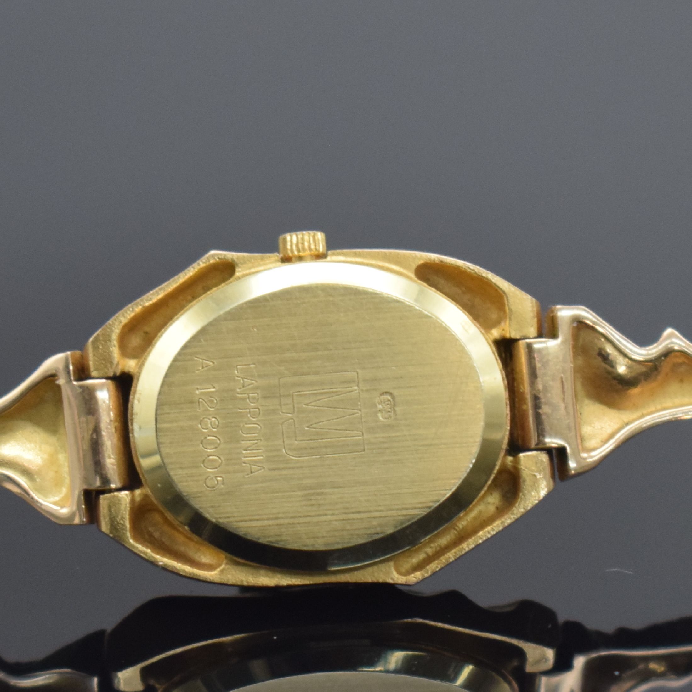 Detail d: LAPPONIA Pola-Negri Damenarmbanduhr in GG 585/000 Referenz A 128005, Finnland um 1990, designed von Björn Weckström, quarz, 2-teil. Gehäuse, Boden ...