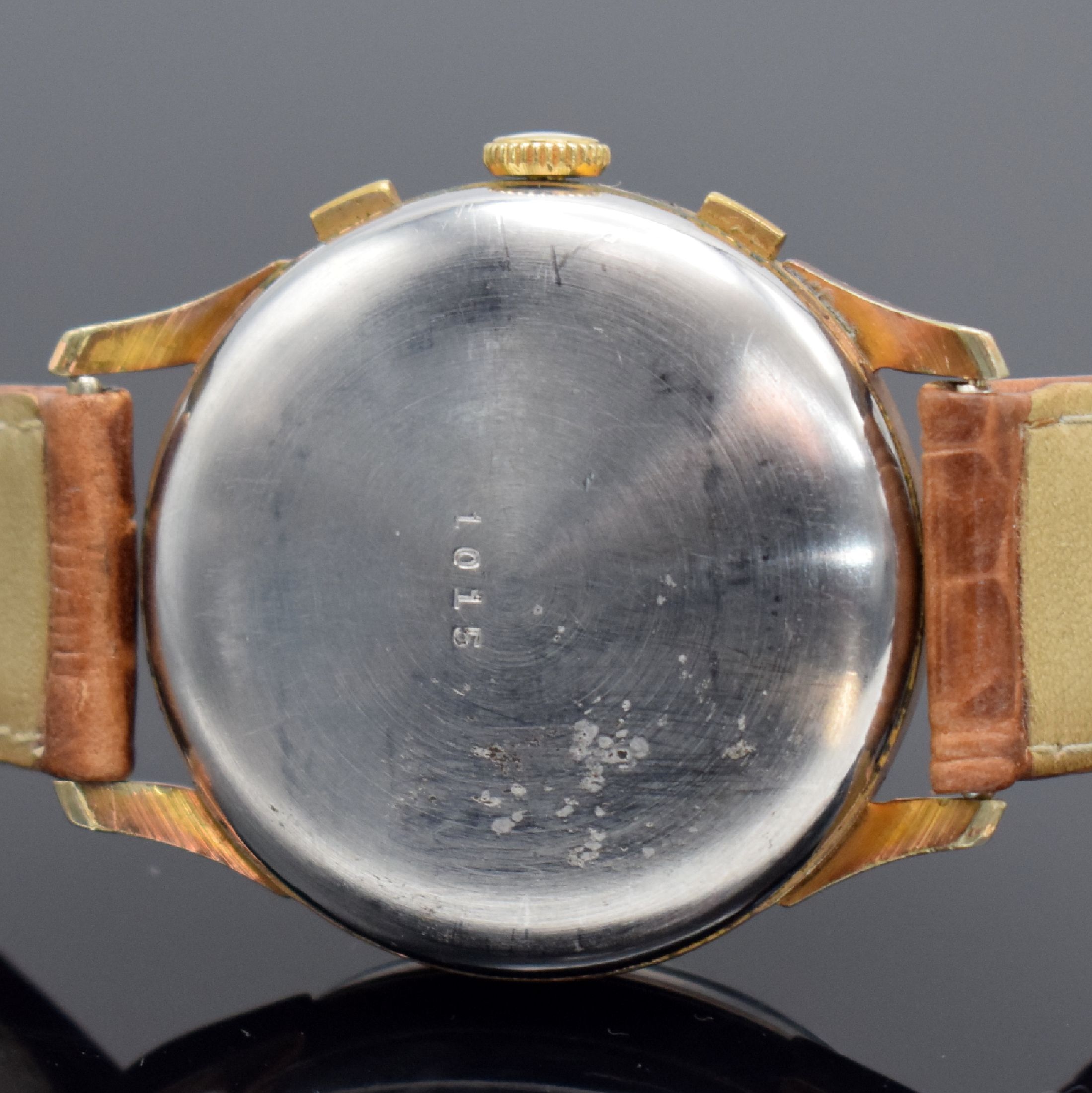 Detail c: ITA Geneve Armbandchronograph, Schweiz um 1945, Handaufzug, verg. Geh., Edelstahlboden aufgedr., silb. Zifferbl. m. arab. Zahlen & Indizes, gold. ...