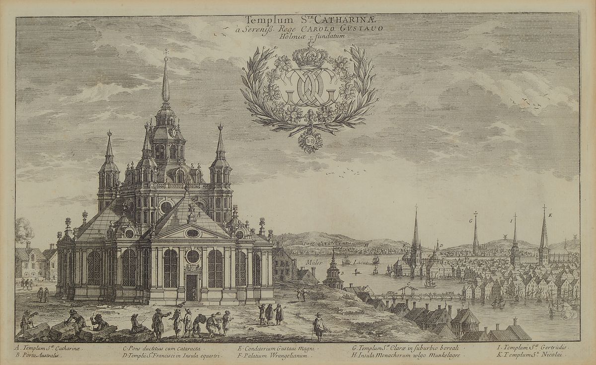 Detail a: Zwei Kupferstiche, 17. Jh., a. Arselnal in Stockholm, bez. Templum St. Catharinae a Sereniß Rege carolo Gustavo, Holmiae fundatum, ca. 21 x 34.5 cm ...