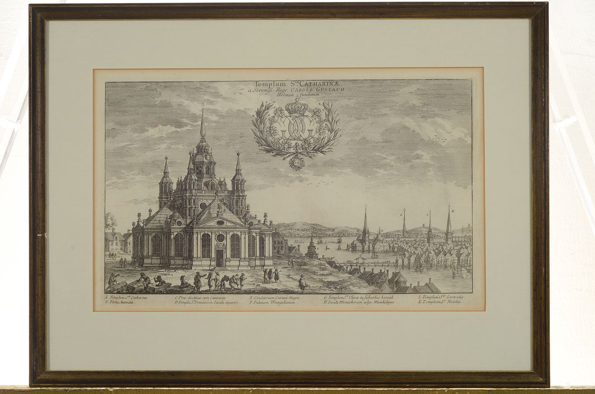 Detail l: Zwei Kupferstiche, 17. Jh., a. Arselnal in Stockholm, bez. Templum St. Catharinae a Sereniß Rege carolo Gustavo, Holmiae fundatum, ca. 21 x 34.5 cm ...