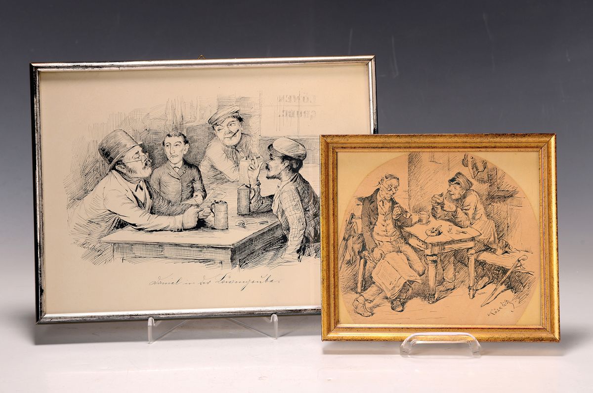 Zwei Illustrationen, um 1900/20, a. Köselitz Tuschfederzeichnung, signiert, ca. 14 x 16 cm, b. Litho vom Georg Mühlberg, Litho, Daniel in der ...