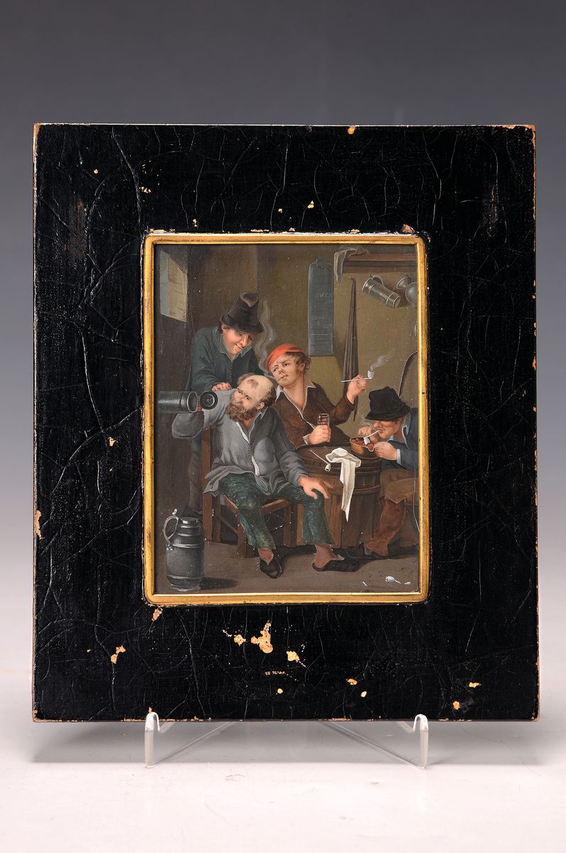 Detail k: Miniaturmalerei, 2. Hälfte 19. Jh. nach niederländischem Vorbild, trinkende und rauchende Bauern, feine Miniaturmalerei, unsigniert, ca. 13 x 10 ...